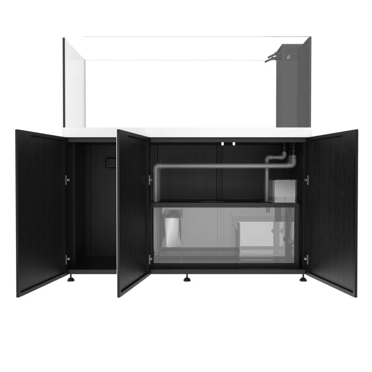 ProStar 200 Peninsula aquarium with white cabinet, shown front view with stand doors open revealing internal sump and plumbing.