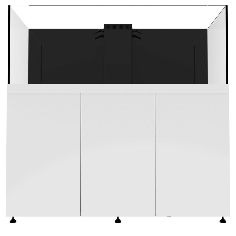 Front view of the ProStar 200 aquarium system with white cabinet doors closed, featuring a clean, modern stand design and a centered rear overflow box inside the display tank.