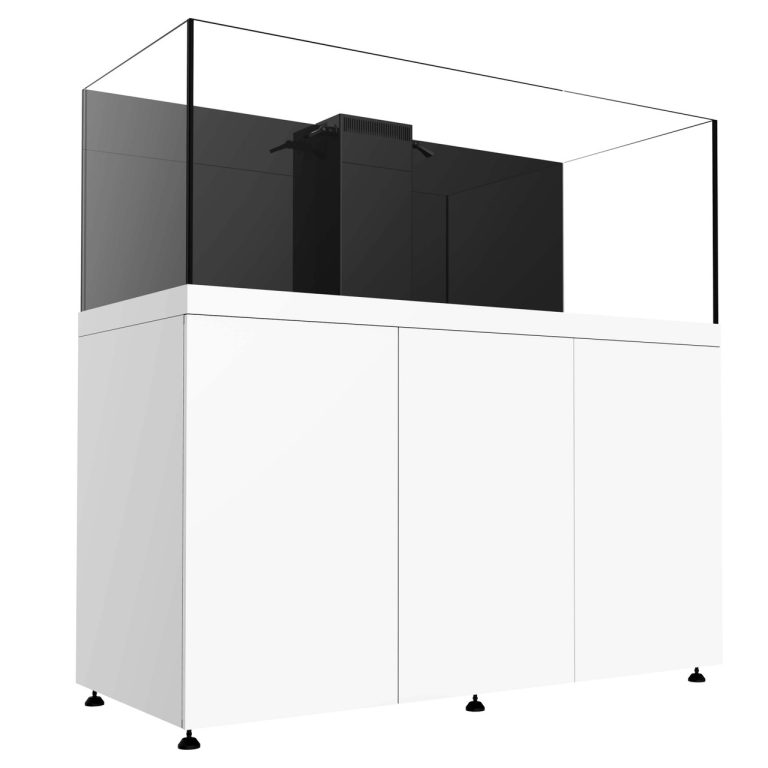 Angled front-left view of the ProStar 200-gallon aquarium system with a white cabinet, showing the display tank with a centered rear overflow and clean, minimalist cabinet design.