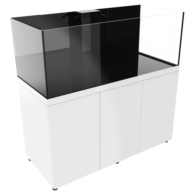 Angled front-left view of the ProStar 200 aquarium system with a white cabinet, showing the display tank with a centered rear overflow box mounted above the enclosed storage cabinet.