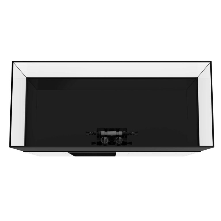 Top-down interior view of the ProStar 200 aquarium display tank, showing the black rear overflow box with dual drain outlets and return fittings centered along the back panel.