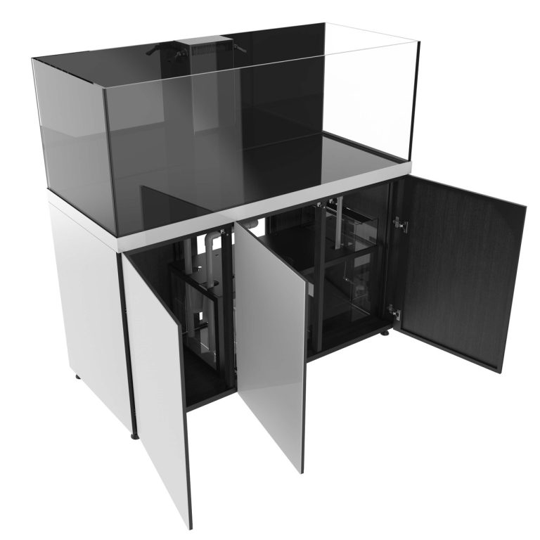 White ProStar 200-gallon aquarium with cabinet doors open, showing the internal sump compartment beneath the display tank.