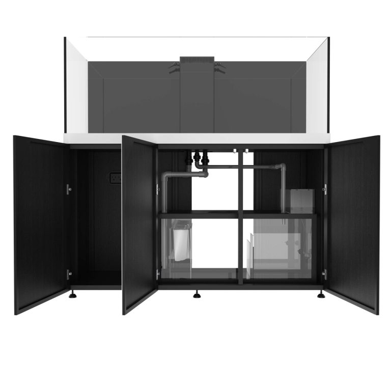 ProStar 200 white aquarium with cabinet doors open, showing internal sump and plumbing.