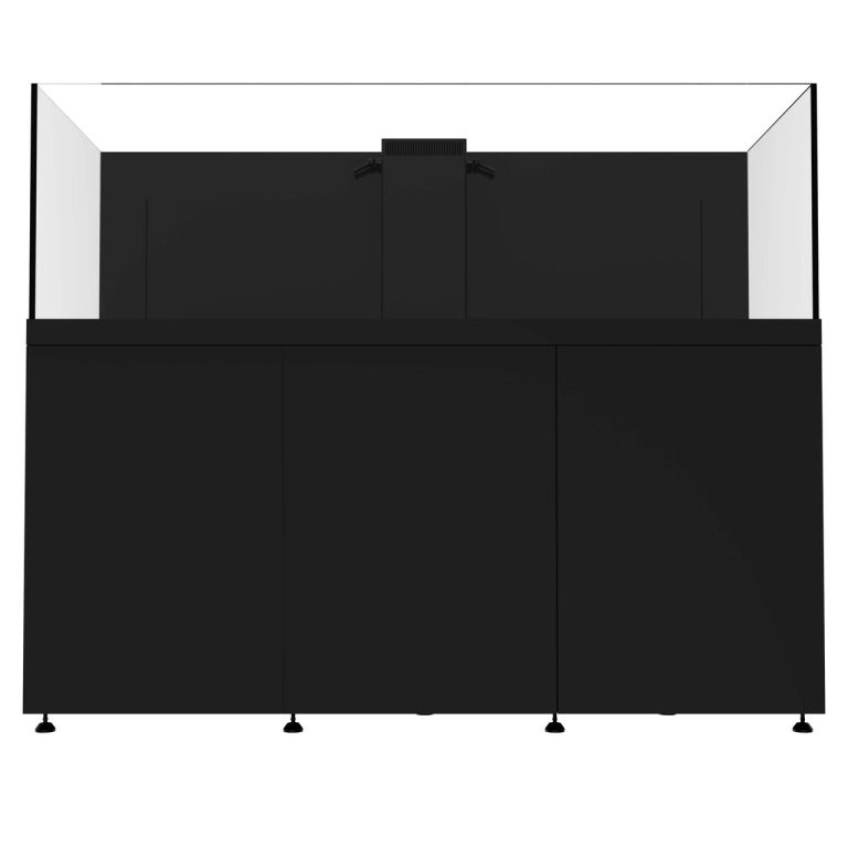 Front view of the ProStar 230 aquarium system with a black cabinet and closed doors, showing the display tank above with a centered rear overflow box.