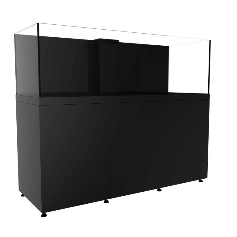 Angled front-left view of the ProStar 230 aquarium system in black with cabinet doors open, showing the internal sump filtration area, vertical plumbing supports, and equipment compartments beneath the display tank.