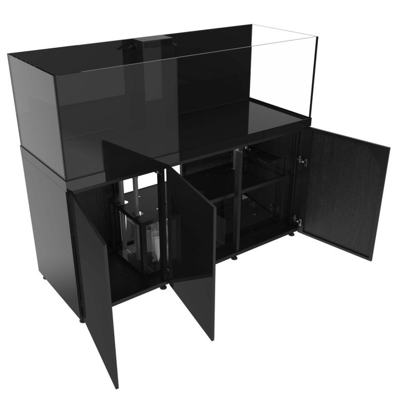 Angled view of the ProStar 230 aquarium system with black cabinet doors open, showing the internal sump area, filtration compartments, plumbing, and storage space beneath the display tank.