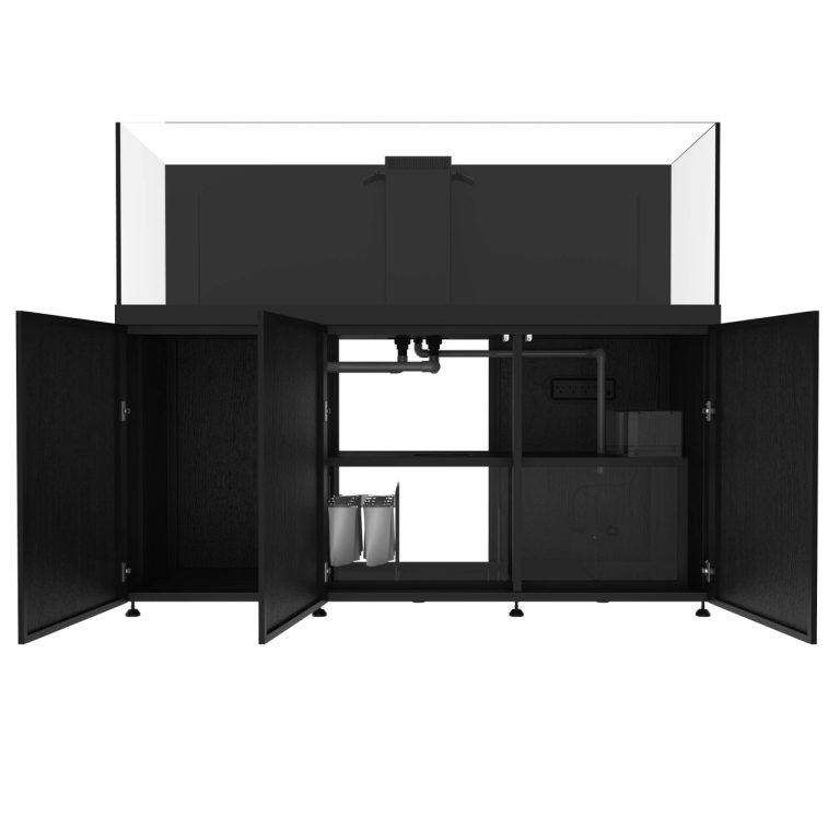 Front view of the ProStar 230 peninsula aquarium system with black cabinet doors open, showing the internal sump, filtration chambers, plumbing, and equipment storage beneath the display tank.