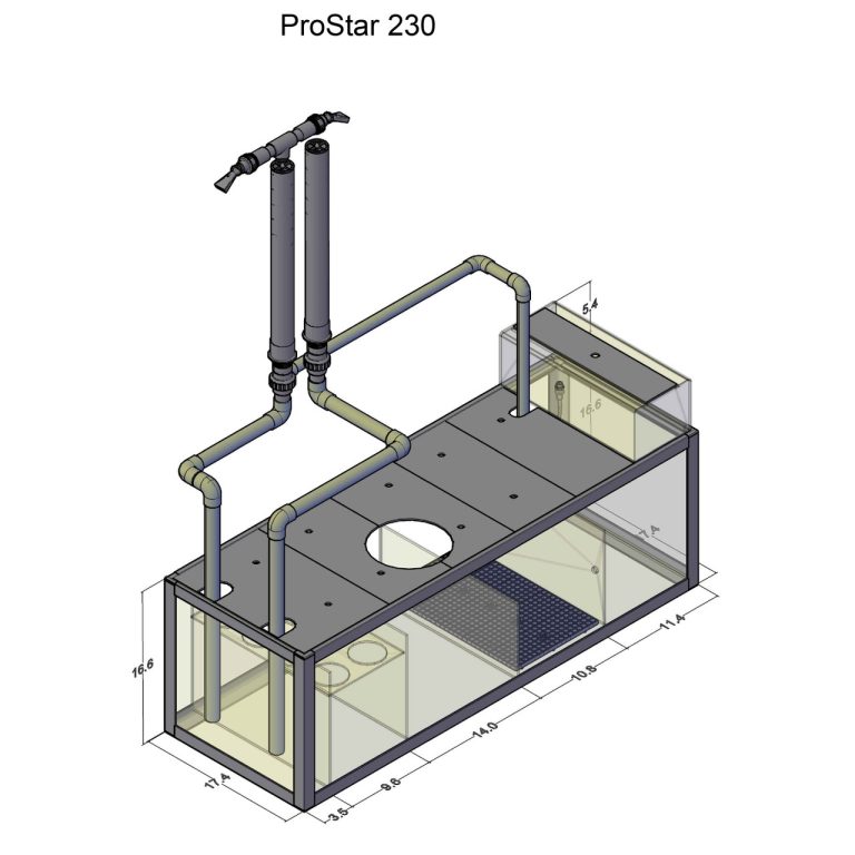 ProStar 230 Peninsula aquarium sump diagram with detailed plumbing configuration and dimensional measurements.