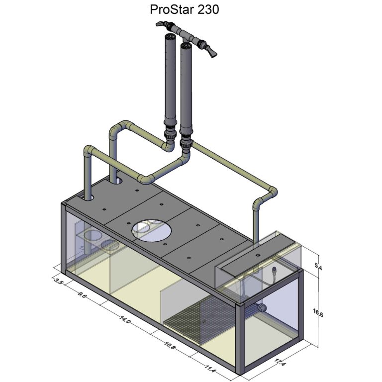ProStar 230 Peninsula aquarium filter diagram showing sump layout, plumbing routes, and external dimensions.
