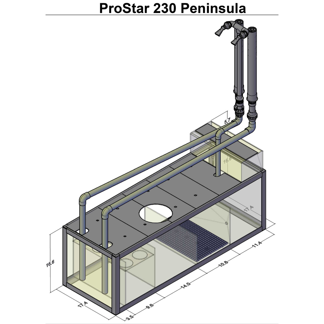 ProStar 230 Peninsula aquarium sump and filtration system diagram with labeled outer dimensions and plumbing layout