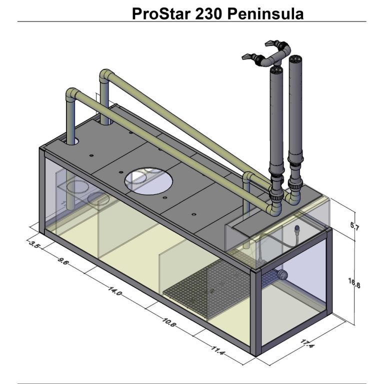 ProStar 230 Peninsula aquarium sump diagram showing internal chambers, plumbing layout, and outer dimensions.