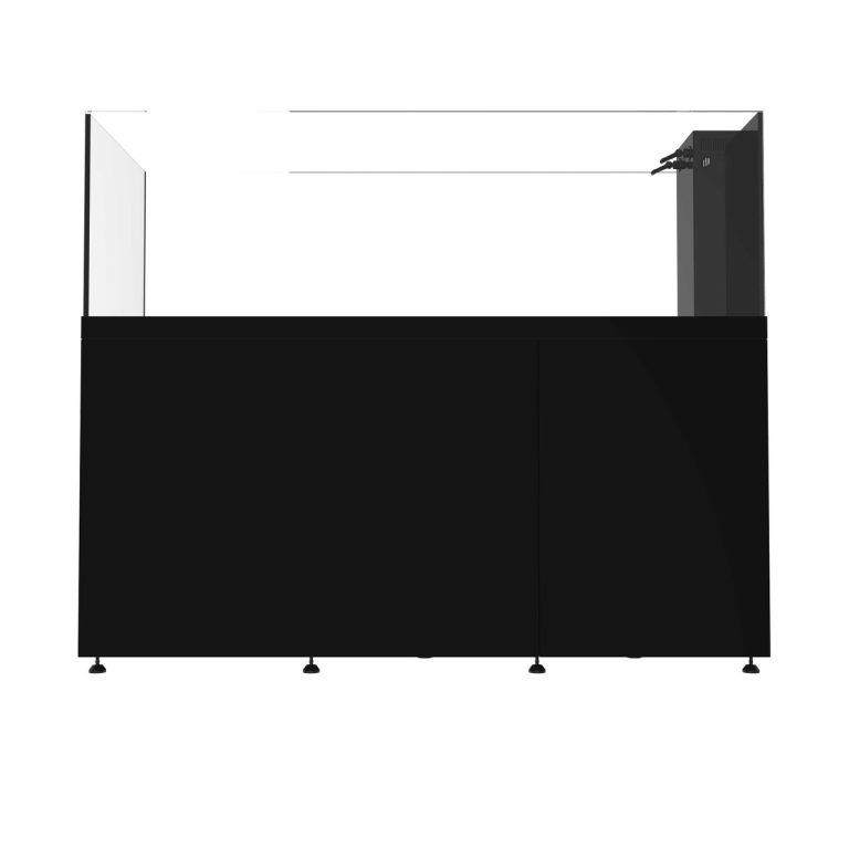 ProStar 230 Peninsula black aquarium stand with peninsula tank, front view showing full cabinet and overflow box on the right side.