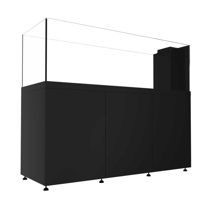 Black peninsula aquarium with minimalist glass tank and integrated rear filtration module, shown from an angled rear view on a black cabinet stand.