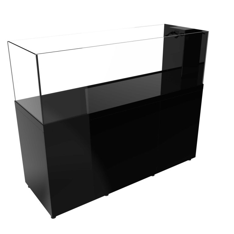 ProStar 230 peninsula aquarium with black cabinet, shown in a three-quarter rear view, featuring a rimless glass display and integrated peninsula overflow on one end.