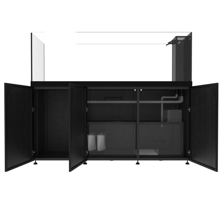 ProStar 230 Peninsula aquarium in black finish with cabinet doors open, showing internal filtration sump, plumbing, and equipment compartments.