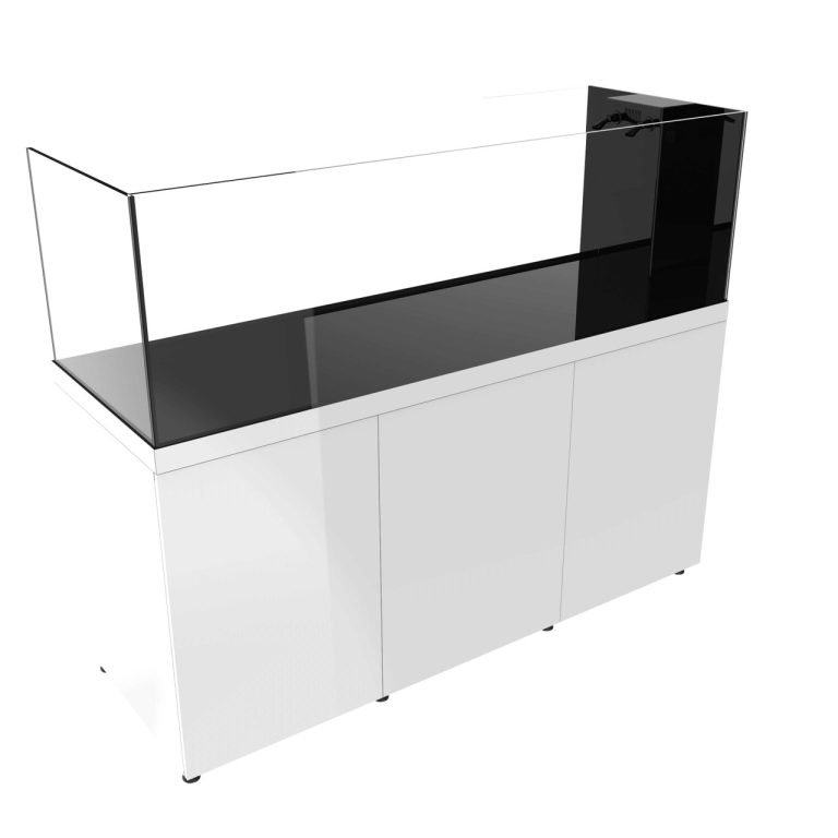 ProStar 230 Peninsula aquarium system with white cabinet, showing an angled front view of the glass tank and integrated peninsula overflow on one end.