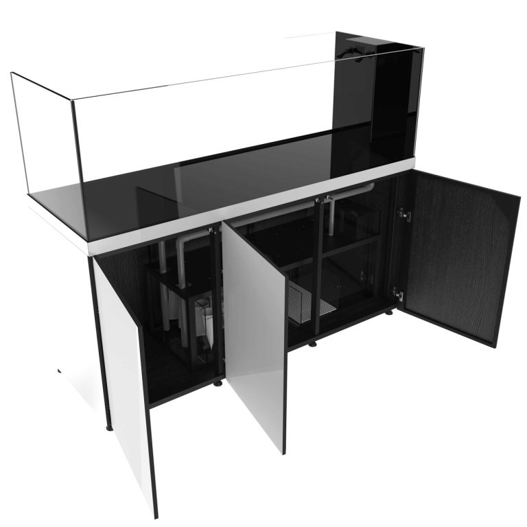 ProStar 230 Peninsula aquarium with white cabinet, shown in an angled view with cabinet doors open, revealing internal sump, filtration system, and plumbing.