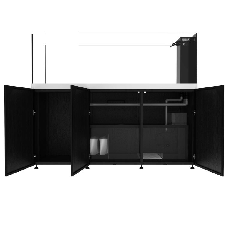 ProStar 230 Peninsula white aquarium system with cabinet doors open, showing internal sump filtration, plumbing, and equipment layout.