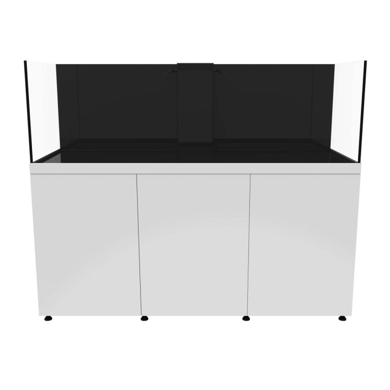 Front view of the ProStar 230 aquarium system with white cabinet doors closed, showing the full display tank above and the integrated cabinet base below.