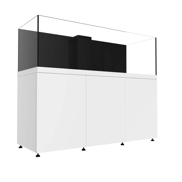 Angled rear view of the ProStar 230 aquarium system with white cabinet doors closed, showing the display tank with a rear overflow box and the clean, minimalist cabinet design beneath.