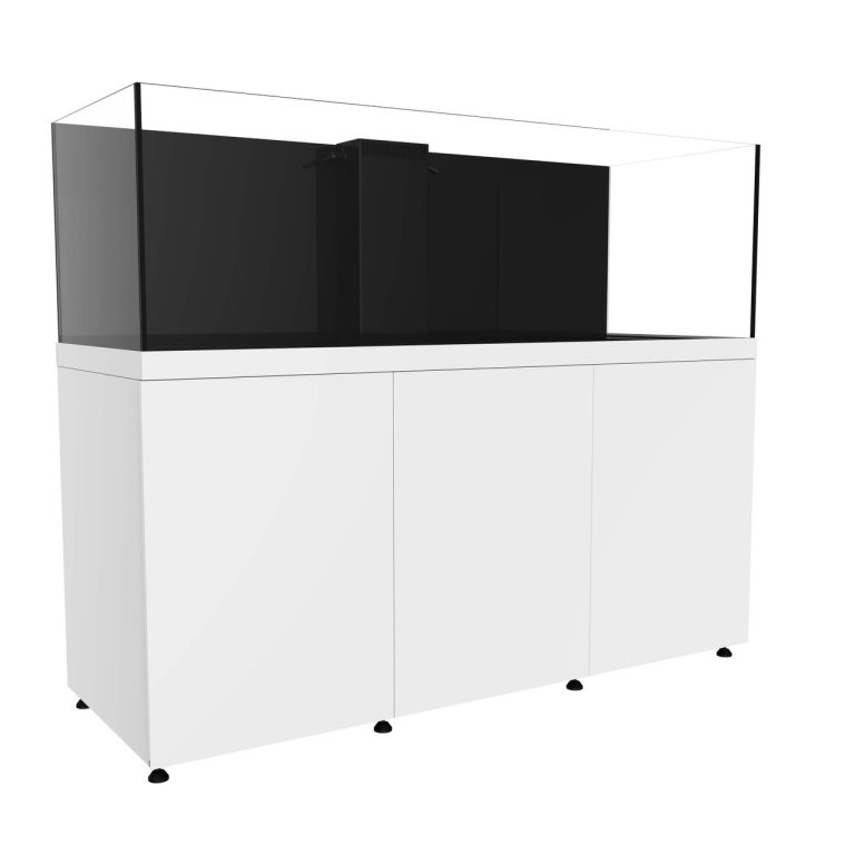 Angled front-left view of the ProStar 230 aquarium system with white cabinet doors closed, showing the rimless display tank above and the integrated rear overflow box centered along the back wall.