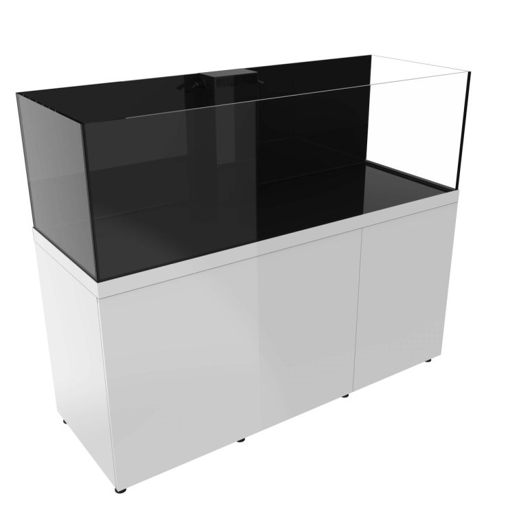 Angled front-left view of the ProStar 230 aquarium system with white cabinet doors closed, showing the display tank above and the clean, minimalist cabinet exterior.