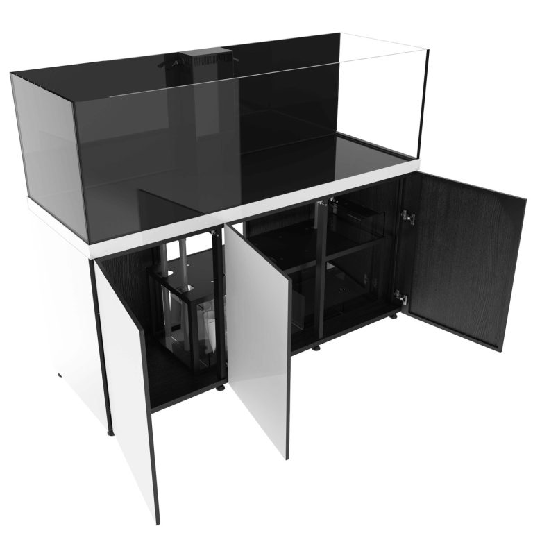 ProStar 230 white aquarium system shown from an angled front view with cabinet doors open, revealing the internal sump filtration system and equipment compartments beneath the display tank.