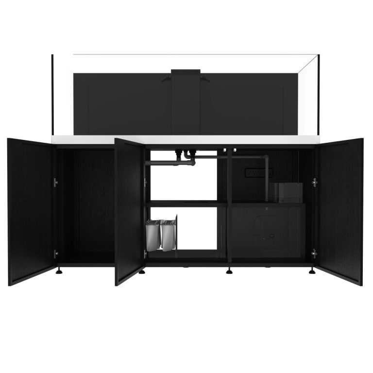 Front view of the ProStar 230 aquarium system with white cabinet doors open, revealing the internal sump, filtration compartments, plumbing, and equipment storage area beneath the display tank.