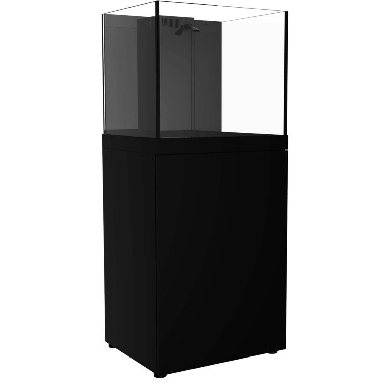 Side angle view of ProStar Rimless V2 60 gallon rimless aquarium with black stand by Pro Clear Aquatic Systems
