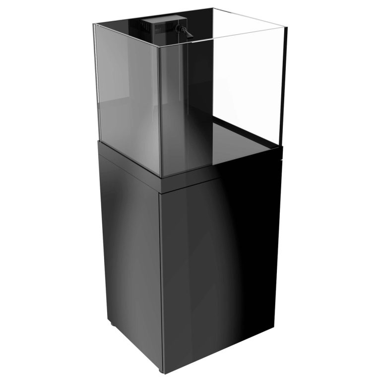Right side angle view of ProStar Rimless V2 60 gallon rimless aquarium with black stand by Pro Clear Aquatic Systems