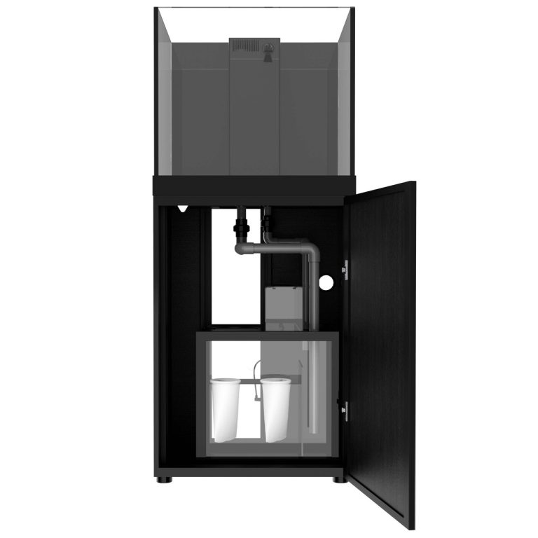 Front view of ProStar Rimless V2 60 gallon aquarium with open cabinet displaying sump and plumbing system