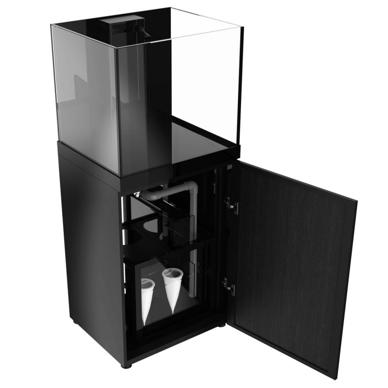 Angled view of ProStar Rimless V2 60 gallon aquarium with black stand showing internal sump system by Pro Clear Aquatic Systems