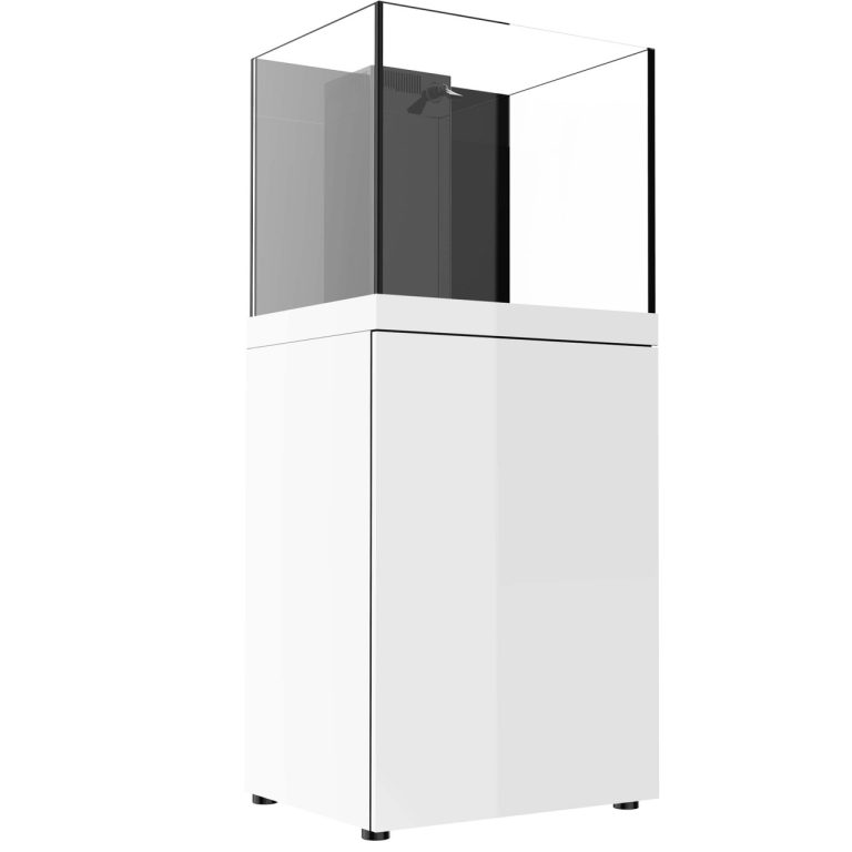 Angled view of ProStar Rimless V2 60 gallon regular aquarium with white stand by Pro Clear Aquatic Systems