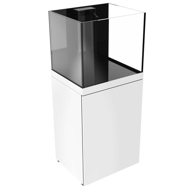Rear angled view of ProStar Rimless V2 60 gallon regular aquarium with white stand by Pro Clear Aquatic Systems