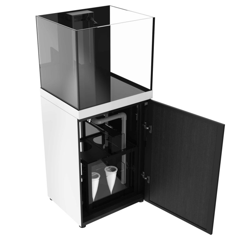 Angled view of ProStar Rimless V2 60 gallon aquarium with white stand showing internal sump system by Pro Clear Aquatic Systems