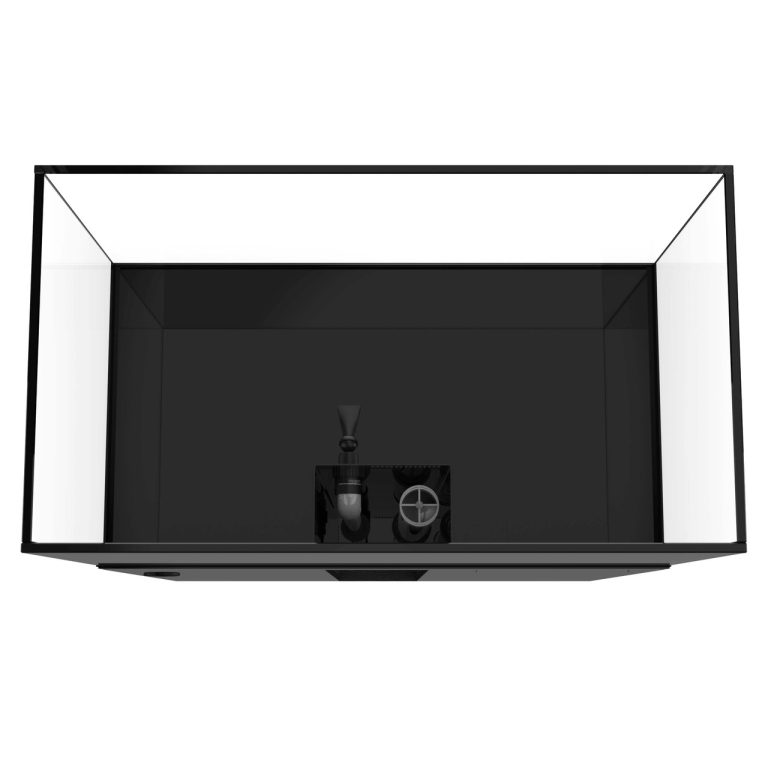 Top view of ProStar Rimless V2 90 gallon aquarium showing interior overflow box and plumbing, mounted on black stand
