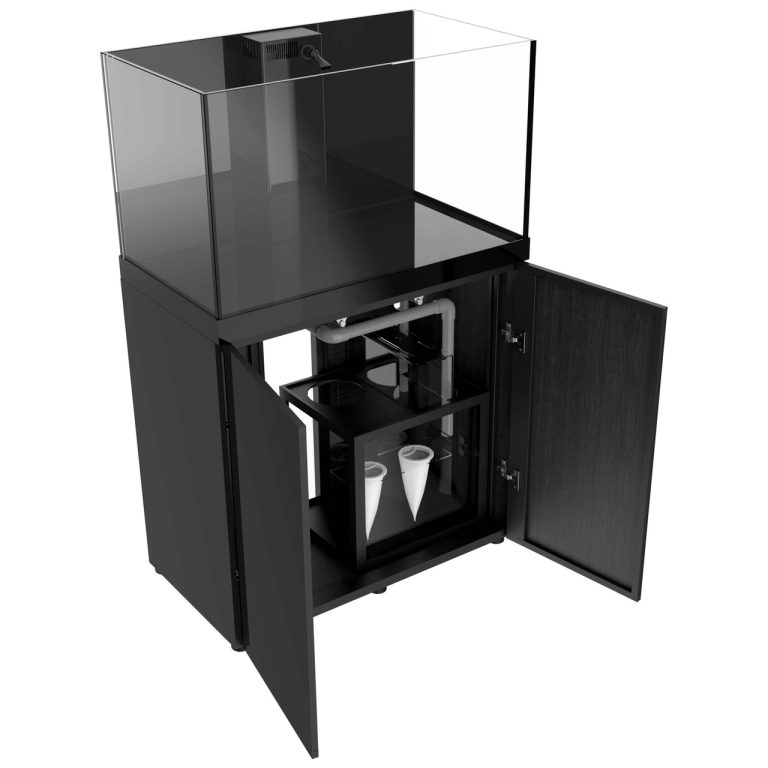 ProStar Rimless V2 90 gallon aquarium with black stand, showing open cabinet with sump filtration system and internal plumbing